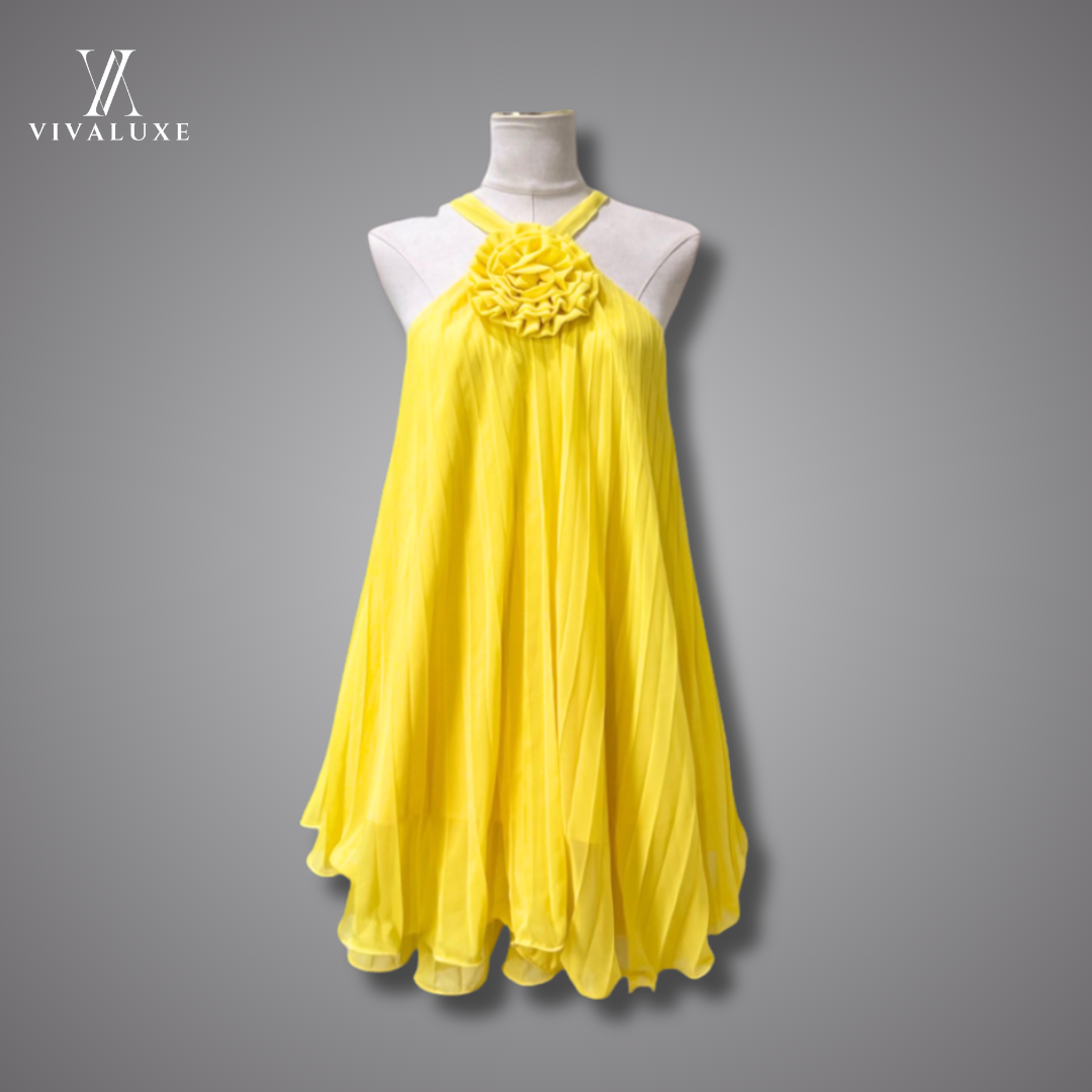 Yellow Floral Pleated Dress